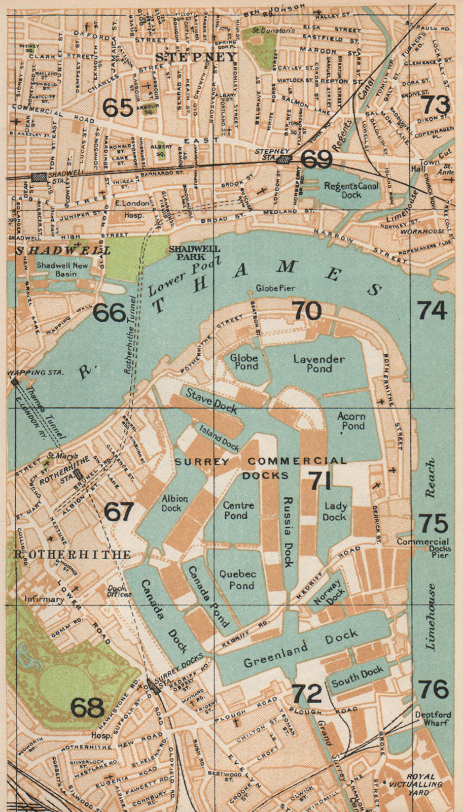SURREY COMMERCIAL DOCKS. Stepney Shadwell Limehouse Rotherhithe London 1935 map